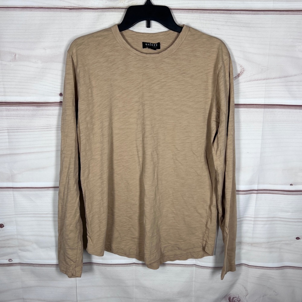 Velvet Graham & Spencer Long Sleeve Top Womens M Tan Solid Cotton Slub T-Shirt
